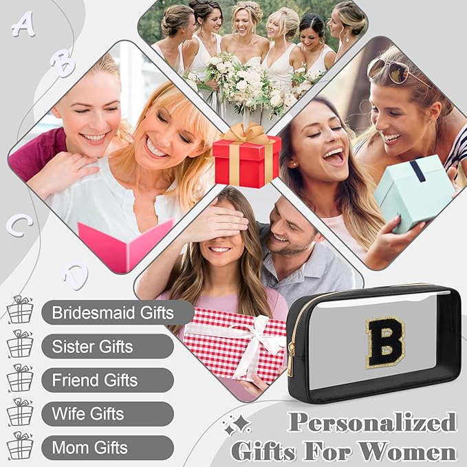 Personalized Initial Letter Clear Makeup Bag,Preppy Small Nylon&PVC Cosmetic Zipper Bag with Chenille Letter,Travel Skincare Toiletry Bag,Monogram Christmas Gift for Teen Girls Women,B