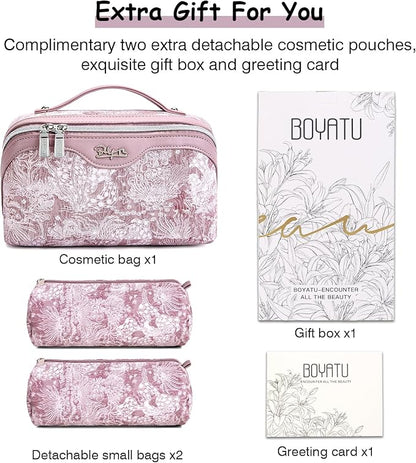 BOYATU Travel Makeup Bag for Women: Large Capacity Make up Bag with Compartments - Vegan Leather Cosmetic Bag set of 3 - Waterproof Toiletry Bag with Handle & Divider(E-1-Purple)