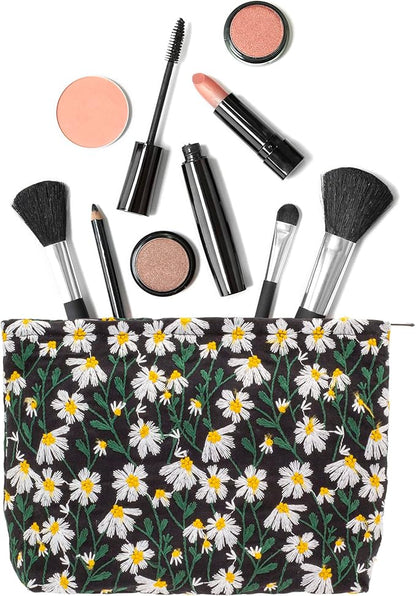 Makeup Bags for Purse Zipper Cosmetic Pouch Large Travel Canvas Make Up Organizer Tool Pouch for Women and Girls,Daisy Black