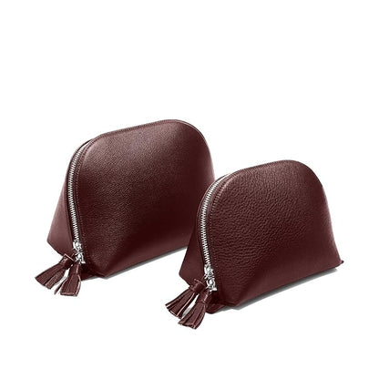 Leatherology Bordeaux Leather Makeup Bag Set – Clamshell Cosmetic Organizer Duo – Full Grain Leather with Waterproof Lining & Tassel Zippers – Travel Toiletry Bags for Skincare & Beauty