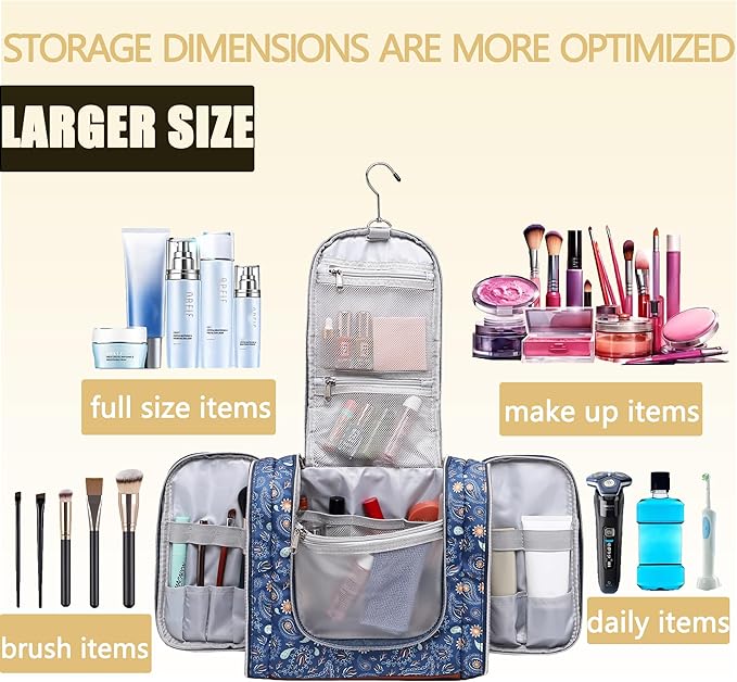 Hanging Toiletry Bag for Women, Travel Makeup with Metal Swivel Hook, Organizer for Full Sized Cosmetics and Toiletries,Water-Resistant Nylon,Paisley Floral