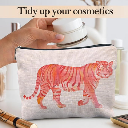 Preppy Tiger Makeup Bag, Trendy Pink and Orange Tiger Cosmetic Bags for Women, Tigers Gifts Makeup Pouch, Animal Lovers Gift Zipper Pouch