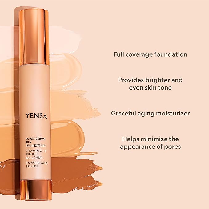 YENSA Serum Foundation Makeup - Super Silk Full Coverage Foundation Enriched with Peptides, Vitamin C & Ferulic Acid to Help Reduce Fine Lines, Wrinkles & Dark Circles - Light 2 (1 oz)
