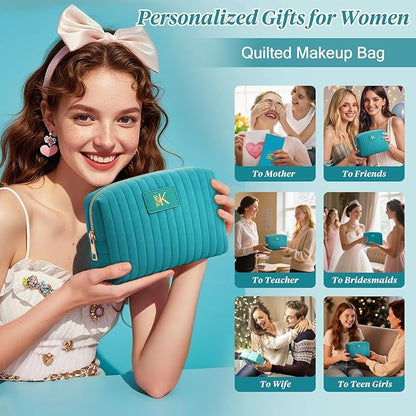 Monogrammed Make Up Bags for Women,Personalized Cosmetic Bags Women,Small Quilted Makeup Pouch,Cute Makeup Bag Travel,Birthday Gifts for Teen Girl (Blue K)