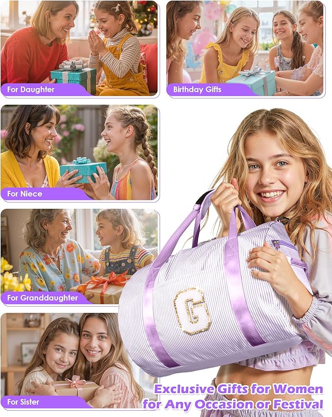 Birthday Gifts for Tween, Girls Travel Duffle Bag, Kids Initial Overnight Duffel Bags with Shoe Compartment, Personalized Dance Bag with Cosmetic Pouch, Preppy Stuff (Letter L)