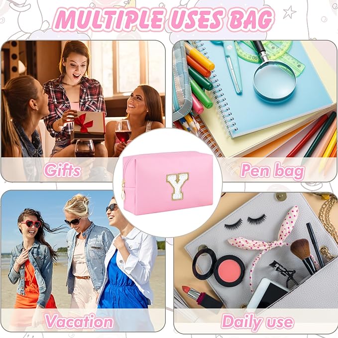 Initial Makeup Bag Personalized Preppy Travel Small Cosmetic Bag Cute PU Pink Chenille Letter Makeup Pouch for Purse Waterproof Zippered Toiletry Organizer for Women Girls Kids Friends (Y)