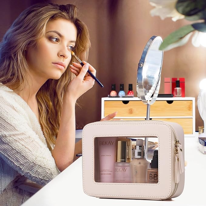 Pinkmik Clear Makeup Bag Waterproof Travel Case for Cosmetics and Toiletries Women's Purse Organizer and Clear Car Bag with Zipper (Beige, L+M+MINI)