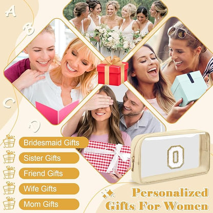 Personalized Initial Letter Clear Makeup Bag,Preppy Small Nylon&PVC Cosmetic Zipper Bag with Chenille Letter,Portable Beach Travel Skincare Toiletry Bag,Trendy Monogram Gift for Teen Girls Women,O