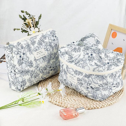 2Pcs Cotton Quilted Makeup Bag for Women Girls Floral Travel Large Small Cosmetic Bag Set Cute Vintage Flower Makeup Pouch Portable Toiletry Bag Organizer Coquette Aesthetic Makeup Brush Bag