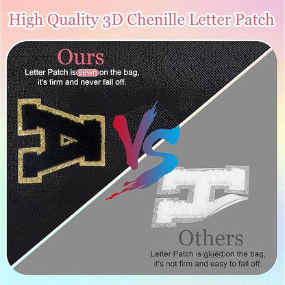 Small Personalized Letter Makeup Bag, Cute PU Leather Chenille Letters Cosmetic Bag Travel Makeup Pouch, Preppy Travel Organizer Zipper Pouch for Women&Girls（Black-B）