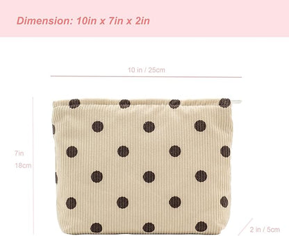PAZIMIIK Makeup Bag Large Zipper Corduroy Make Up Pouch for Purse Travel Canvas Cosmetic Organizer for Women Brush Storage,Polka Dot Beige