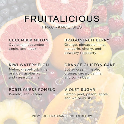 Eternal Essence Oils Fruitalicious Set of 6 Premium Fragrance Oils - Violet Sugar, Kiwi Watermelon, Orange Chiffon Cake, Cucumber Melon, Portuguese Pomelo, and Dragon Fruit Berry Scented Oils - 10ML