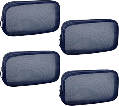 4 Pieces Mini Zipper Nylon Mesh Pouch, Mesh Cosmetic Bags Makeup Bags, Multipurpose Travel Toiletry Bags for Office Supplies and Travel Accessories (Navy Blue, M)