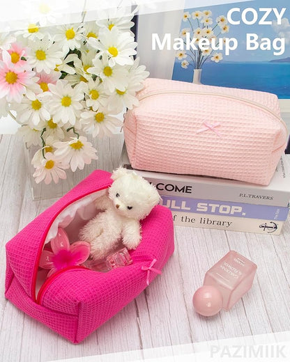 PAZIMIIK 2PCS Cozy Makeup Bag Travel Cosmetic Bag for Women Soft Toiletry Bag Aesthetic Makeup Organizer Portable Large Zipper Pouch for Skincare Beauty Accessories Brushes Waffle Hotpink