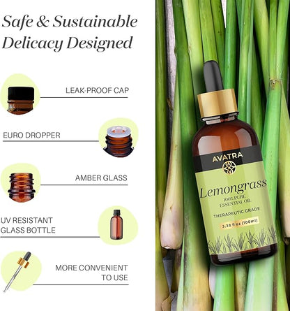 Avatra Lemongrass Essential Oil 100ML (3.38 OZ) with Glass Dropper and Travel Bottle, Pure and Natural Therapeutic Grade Lemongrass Oil for Diffuser, Aromatherapy, Massage, and DIY Candle Products