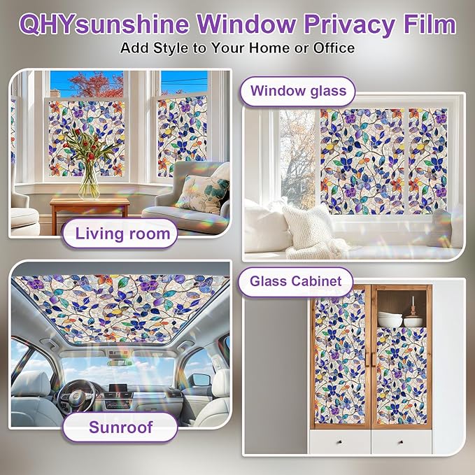 Stained Glass Window Privacy Film Decorative Rainbow Static Clings – Ideal for Home & Office, Adhesive-Free, Removable, UV-Blocking (Purple Rainbow, 17.5 X 78.7 in)