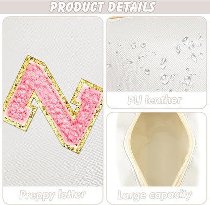 Initial Makeup Bag Personalized Preppy Travel Small Cosmetic Bag Cute PU White Chenille Letter Makeup Pouch for Purse Waterproof Zippered Toiletry Organizer for Women Girls Kids Friends (Z)