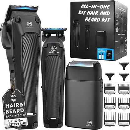 Royal Clips Hair and Beard Fade Kit 2.0 – Professional Clipper, Trimmer & Foil Shaver Bundle for Men, Complete Haircut Set for Barbers – Ideal Holiday Gift for Men, Fathers, Brothers & Barbers - Black