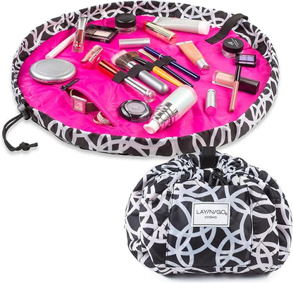 Lay-n-Go Cosmo Layflat Drawstring Cosmetic & Makeup Bag Organizer w/Zipper Pocket, Brush Loops & More, Cinch to Close, Lay Flat to Use, Durable, Machine Wash, Travel Toiletry Bag (20", Black/White)