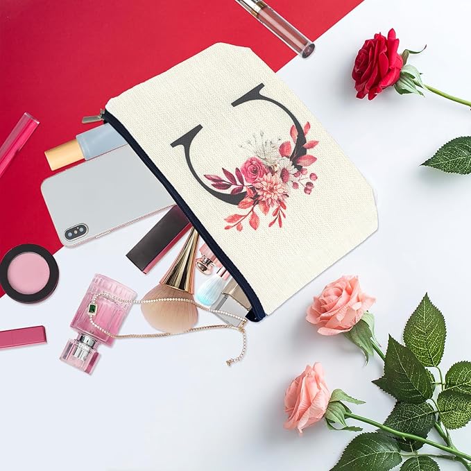 Initial A-Z Personalized Floral Makeup Bag, Monogrammed Birthday Gifts for Women Mom, Mothers Day Christmas Gift Ideas for Best Friend, Bride Bridesmaid, Her, Grandma, Small Travel Cosmetic Bag (C)