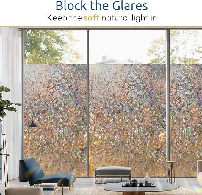 rabbitgoo Window Privacy Film Rainbow Film Decorative Window Sticker, 3D Static Stained Glass Cling Tint for Home Heat Control Non-Adhesive, Brown, 23.6 x 78.7 inches