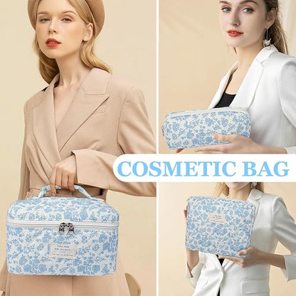 Quilted Makeup Bag Set, 3pc Large Floral Cosmetic Bag for Women, Cute Cotton Makeup Bags, Flower Travel Toiletry Organizer Bag (Blue Small Sheep)
