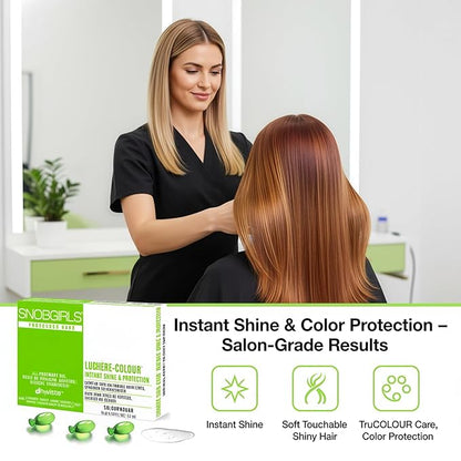SNOB GIRLS Shine & Color Defense Hair Oil Capsules LUMIERE COLOUR. TruColour Care, Color Protection. Vegan Leave-In Serum for Gloss & Frizz Control. With Rosemary, Hyaluronic Acid & Biotin 15 Ct