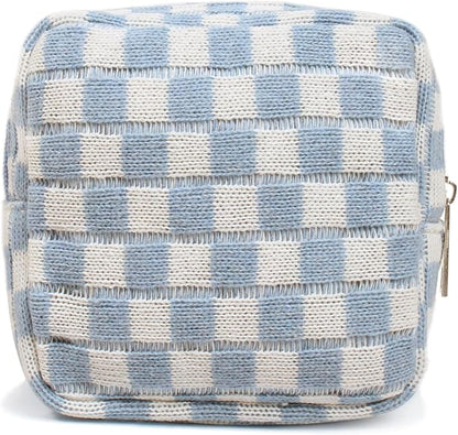 Small Blue Makeup Bag for Purse, Mini Checkered Cosmetic Bag Zipper Cute Make Up Pouch Travel Toiletry Case Quilted Aesthetic Accessories Makeup Storage Bag Organizer for Women Girls