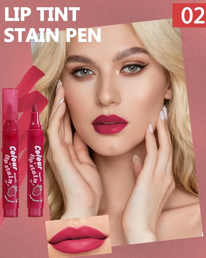 Lip Tint Stain Pen, Rose Red Waterproof Long Lasting Matte Lip Liner Stain Pencil, High-Pigmented Quick Dry Liquid Lipstick, Non Sticky Smudgeproof Lip Tint Gloss, Christmas Makeup Gift for Women-02