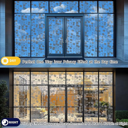 One Way Privacy Film, Window Tint for Home,Daytime Reflective, Anti UV Static Cling Sliding Door Coverings No Glue Garage Solar Paper (Black - Silver-Daisy, 45.27 x 157.4 in)