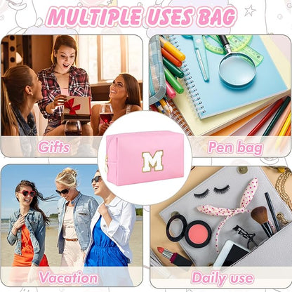 Gifts for Girls Initial Makeup Bag Personalized Cosmetic Bag with Zipper Cute Travel Toiletry Bag Waterproof PU Preppy Makeup Pouch Birthday Gift for Teen Girls Women(Pink M)