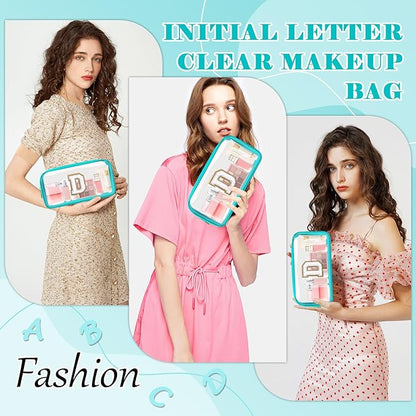 Personalized Initial Letter Clear Makeup Bag,Preppy Small Nylon&PVC Cosmetic Zipper Bag with Chenille Letter,Portable Beach Travel Skincare Toiletry Bag,Trendy Monogram Gift for Teen Girls Women,D