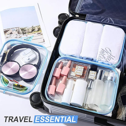 Hoolerry 3 Pcs Clear Hard Zipper Case Plastic Pouch Transparent Hard Case Clear Makeup Bag Portable Travel Organizer Bin for Cosmetics, Building Blocks, Puzzles(Blue,M)
