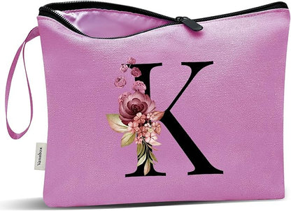 Vavabox A-Z Personalized Makeup Bag, Birthday Gifts for Women Mom, Gifts for Best Friend, Bride Bridesmaid Cosmetic bag (K, Purple)