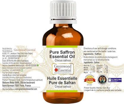 Greenwood Essential Pure Saffron Essential Oil (Crocus sativus) Steam Distilled 2ml (0.06 oz)