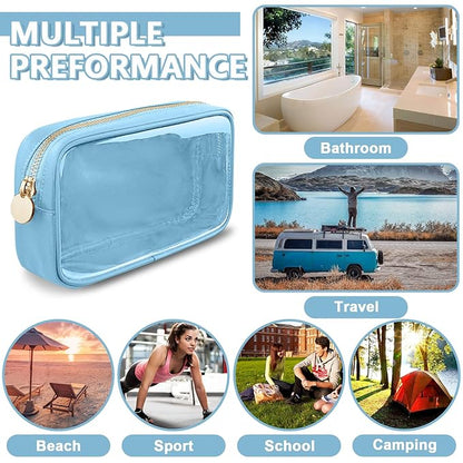 Clear Small Makeup Bag with Zipper, Nylon&PVC Cosmetic Travel Bag Preppy TSA Approved Toiletry Bag for Women Girls, Transparent Waterproof Makeup Pouches Cute Travel Bag for Purse(Small-Blue)