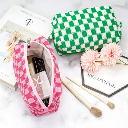 PAZIMIIK Checkered Makeup Bag for Purse Portable Zipper Make Up Pouch Small Cosmetic Case for Travel Accessories (2PCS Blue Hotpink)