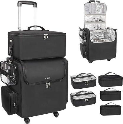 Relavel Rolling Makeup Train Case with Large Makeup Case, Hairstylist Traveling Bags with 5 Small Clear Bags, Cosmetology Case on Wheels, Hair Tools and Cosmetics Storage Organizer Trolley Suitcase