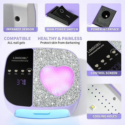 LIMEGIRL UV LED Nail Lamp Kit for Gel Polish Professional Fast Curing Purple Dryer Light Set with 4 Timer Settings Cordless Rechargeable Nail Art Cure Machine for Manicure Pedicure at Home and Salon