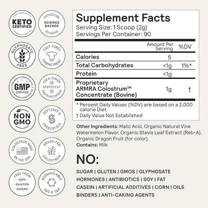 ARMRA Colostrum™ Powder | Vine Watermelon | Gut Health & Bloating | Skin & Hair | Immunity | Keto, Gluten & Fat-Free | 90 Servings