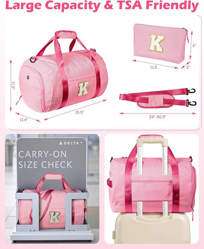 Gift for 5 6 7 8 9 Year Old Girl, Girls Travel Duffle Bag, Kids Initial Overnight Bags with Shoe Compartment, Personalized Weekend Bag with Makeup Pouch, Trips Essentials (Letter K)