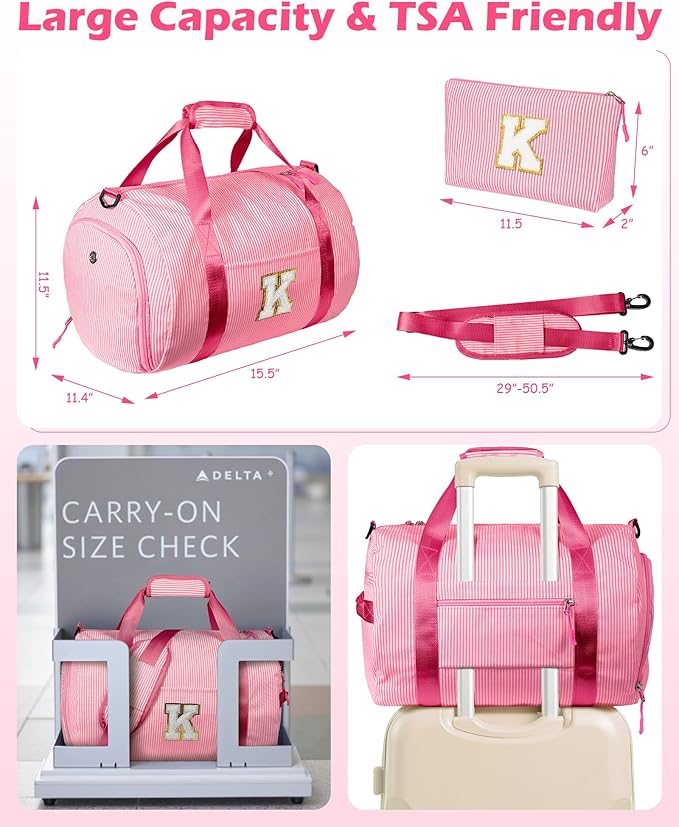 Teen Girl Gifts Trendy Stuff, Girls Travel Duffle Bag, Kids Initial Overnight Bags with Shoe Compartment, Personalized Weekend Bag with Makeup Pouch, Pink Gift for Teenager (Letter C)