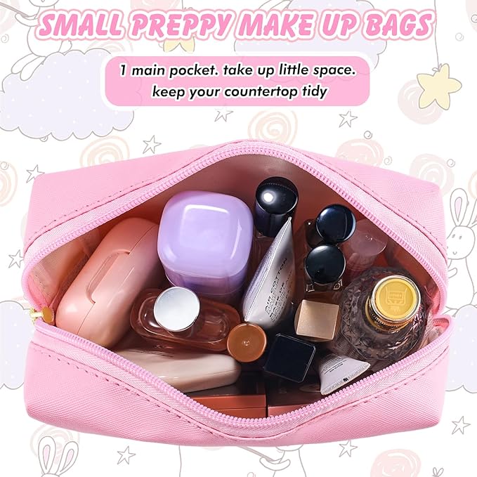 Patch Makeup Bag Travel Small Cosmetic Bag Pink PU Makeup Pouch Zippered Personalized Preppy Initial Skin Care Stuff Bag for Women Birthday Gift Teen Girl Gifts Trendy Stuff(S)