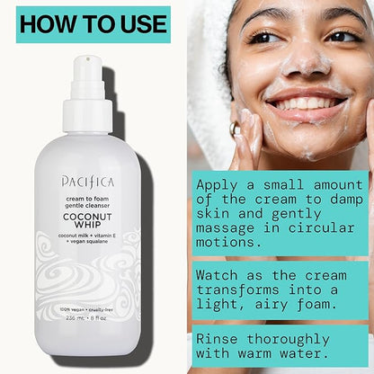 Pacifica Coconut Whip Cream to Foam Face Wash - Gentle Hydrating Facial Cleanser for Dry & Sensitive Skin, Moisturizing Daily Face Wash, Non-Comedogenic Vegan & Cruelty-Free, Dermatologist Tested 8oz