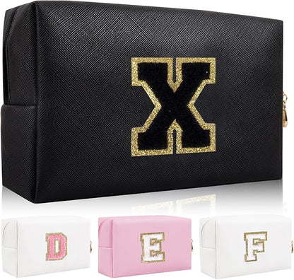 Personalized Initial Letter Patch Makeup Bag, Preppy Portable Chenille Cosmetic Bag with Zipper, PU Leather Waterproof Travel Toiletry Bag Monogram Make Up Pouch for Women Girls