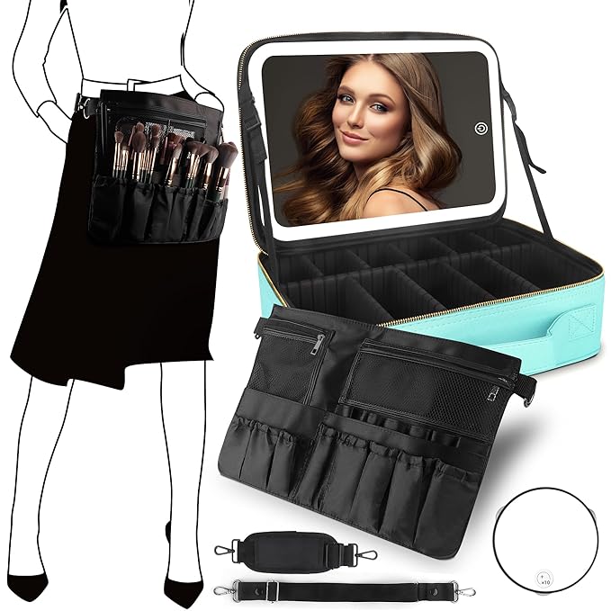 MOMIRA Travel Cosmetic Train Case with Lighted Mirror 3 Color Scenarios Cosmetic Bag Organizer with Adjustable Dividers Makeup Storage for Women, Makeup Accessories & Tools Case Aqua Blue