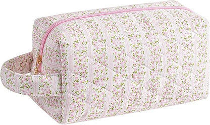 Makeup Bag Travel Cosmetic Bag for Women, Zipper Make Up Pouch, Floral Flowers Toiletry Organizer Makeup with Handle, Cosmetic Travel Cloth Bag (Pink Floral)