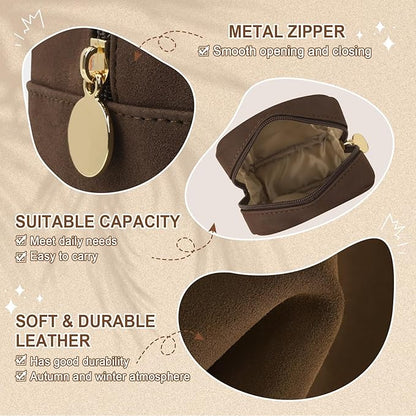 Waterproof Mini Makeup Bag for Purse,Small Cosmetic Pouch Suede Travel Toiletry Organizers Bag for Women Girls,Cute Zipper Preppy Coin Purse Sanitary Napkin Storage Bag for Work(Mini-Coffee)