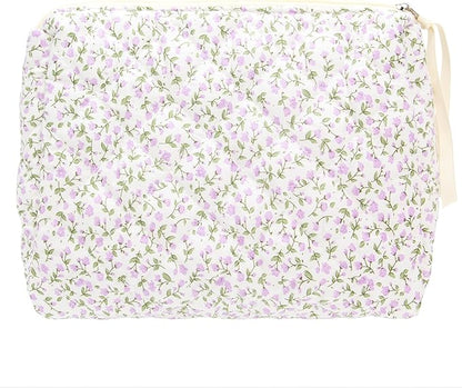PAZIMIIK Quilted Makeup Bag Large Travel Zipper Soft Cosmetic Pouch for Women Girls Make Up,Floral Purple