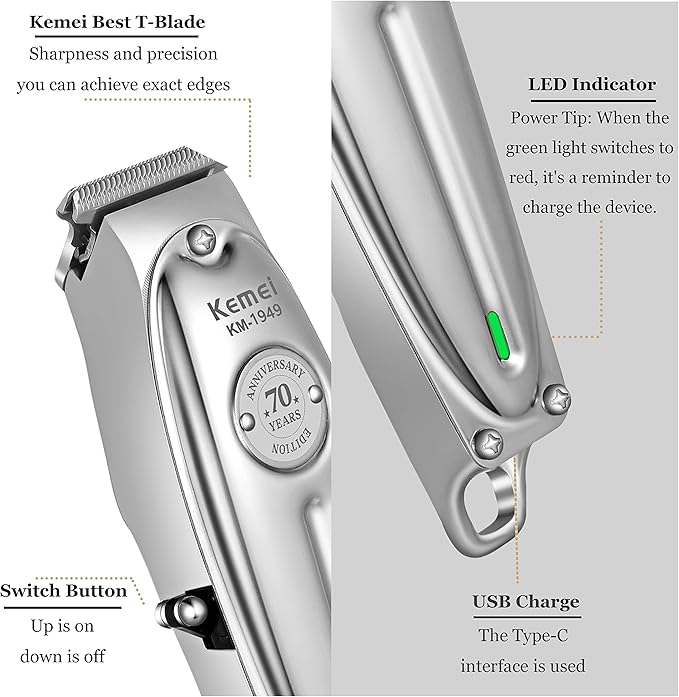 KEMEI Professional Beard and Hair Trimmer for Men, Cordless T-Blade Trimmers, Electric Hair Clippers for Barbers and Stylists, All Body Grooming Model 1949